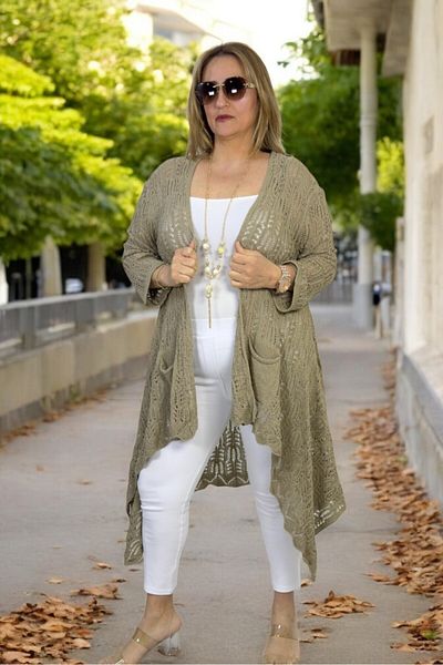 yagmurberen Asymmetric Cut Pocketed Shawl Collar Large Size Italian Mercerized Cardigan