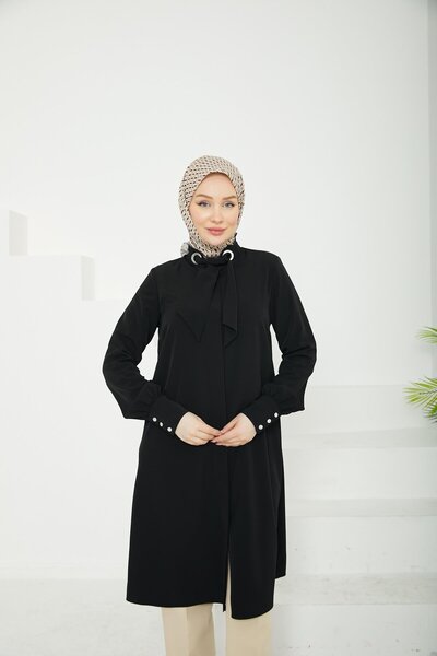 Armine TREND ARMİNE TREND Κρυφό κουμπιά γιακά με λεπτομέρεια κορδέλας τουνίκ-Μαύρο-25YT450