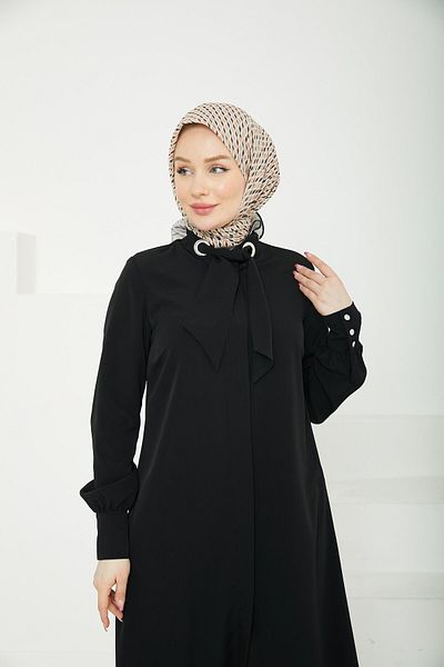 Armine TREND Hidden Button Collar Ribbon Detailed Tunic-Black-25Yt450