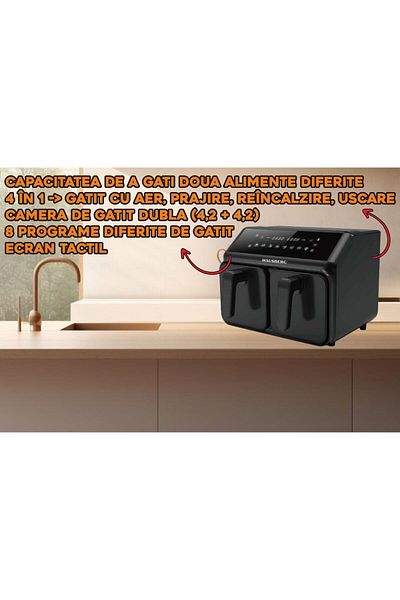 Hausberg Friteuza Dubla Cu Aer Cald Hb-2375, 2200-2400w, 8 Litri, Timer, 8 Programe De Gatit, 200c, Negru