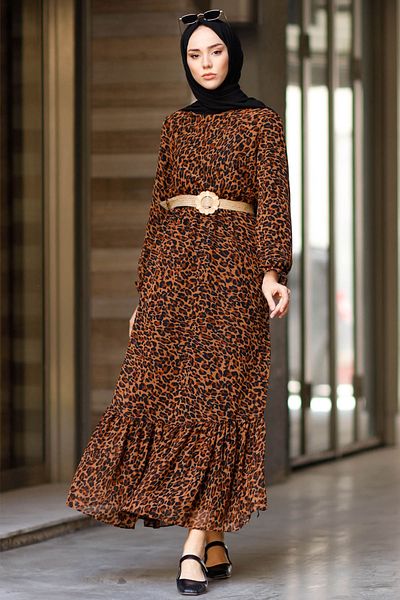 InStyle Leopard Patterned Chiffon Dress - Brown