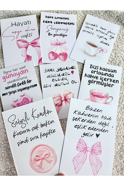 Pankart Evi 8 Pieces Coffee Side Coquette Card Set - Ribbon Motto Panel Décor
