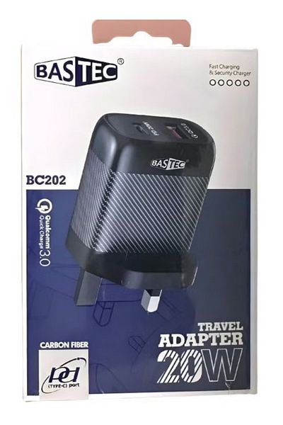 Bastec Fast Wall Charger with Dual Ports (PD + USB) for Quick Charging, 20W Power, Model BC202