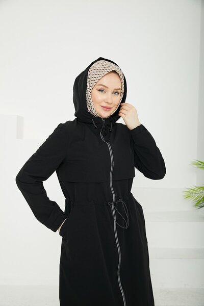 Armine TREND ARMİNE TREND Kapüşonlu Boydan Fermuarlı Kolları Lastikli Kap-Siyah-25YT516