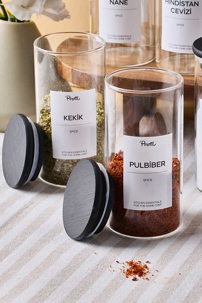 Perotti Riga 12 Li Black Wooden Lid Borosilicate Glass Spice Rack 300 ml 12X6 cm 30 Tags Gift