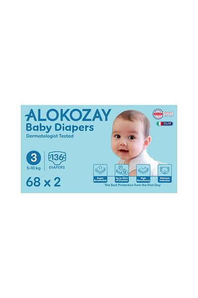 Alokozay Premium Baby Diapers - Size 3 (5-10 Kg) - 68 Diapers X Pack of 2