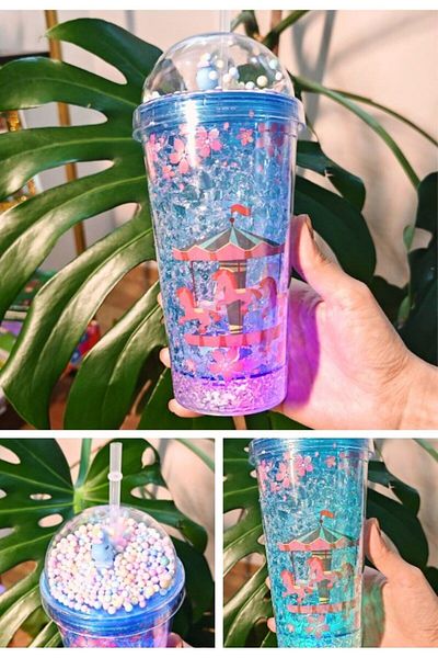Lexi Bella Led Lighted Character Figure Carousel Themed Water Bottle with Straw Frosted Glass Appearance 450ml Double Layer 2768