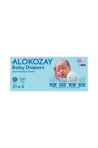 Alokozay Premium Baby Diapers - Size 1 (2-5 Kg) - 21 Diapers X Pack of 6