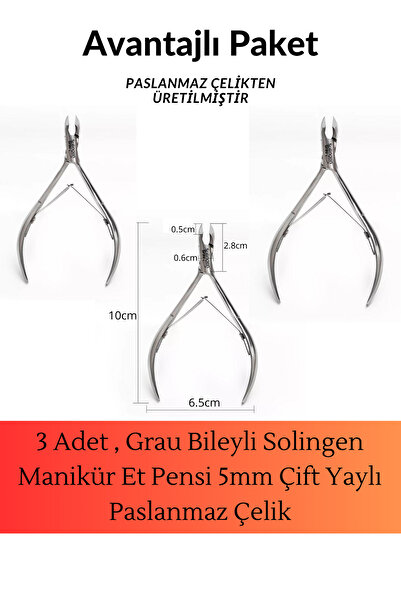 Grau Bileyli Solingen Manikür Et Pensi 5mm Çift Yaylı - Paslanmaz Çelik ( 3 A...