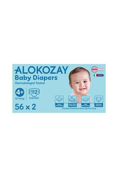 Alokozay Premium Baby Diapers - Size 4+ (10-16 Kg) - 56 Diapers X Pack of 2