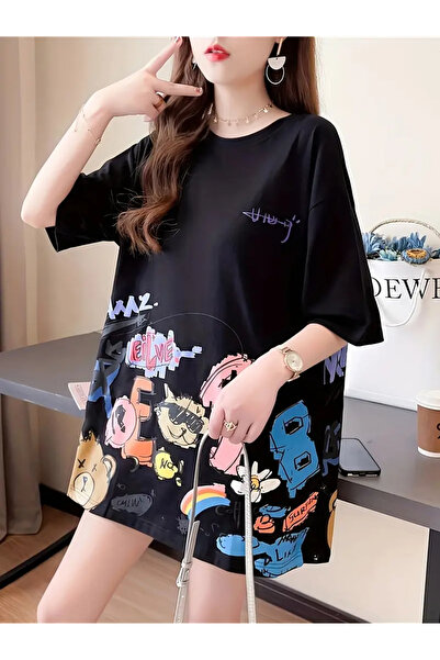 PENTHİLUS Női nyári rajzfilm nyomott hosszú ujjú póló - bő szabású