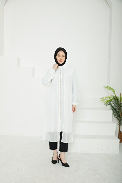 Armine TREND Armi̇ne trend front stone patterned collared tulle tunic-ecru-25yt417