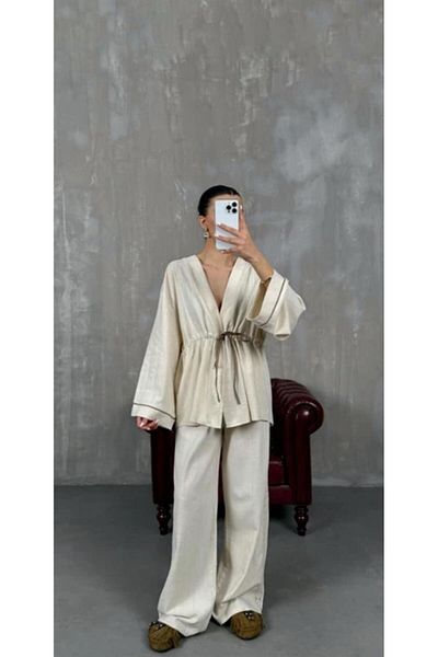 My Blog Natural 100% Cotton Sleeve Shirt Side Lace Detailed Trouser Suit - 7493 - 3749