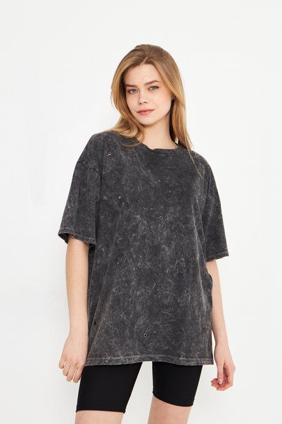 Evelora Black-Grey Vintage Wash Detailed Oversize Women's Tshirt