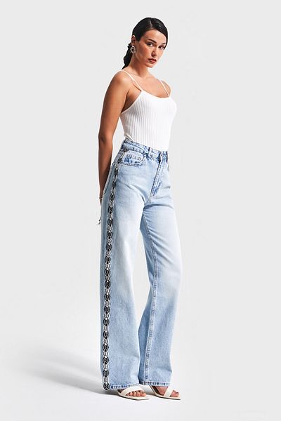 its basic Blugi de damă Culoare D-4S5-3 Dantela Panglică Detaliat Straight Fit Talie înaltă 100% Koton Design Denim Jean