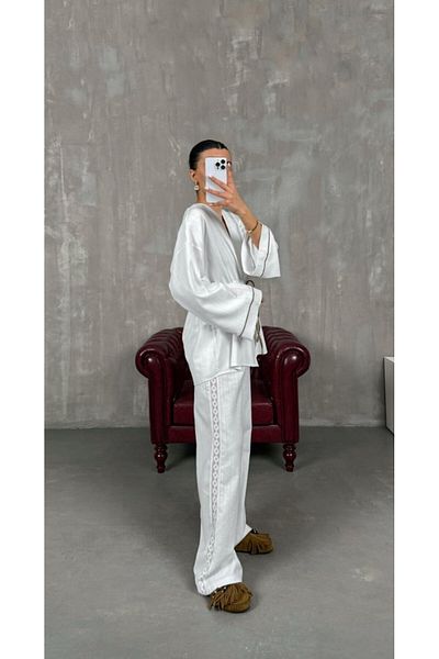 My Blog White 100% Cotton Sleeve Shirt Side Lace Detailed Trouser Suit - 7493 - 3749