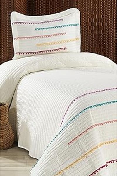 Mu Art Ahşap Nova colorful pom pom 100% cotton single bedspread (pique) set