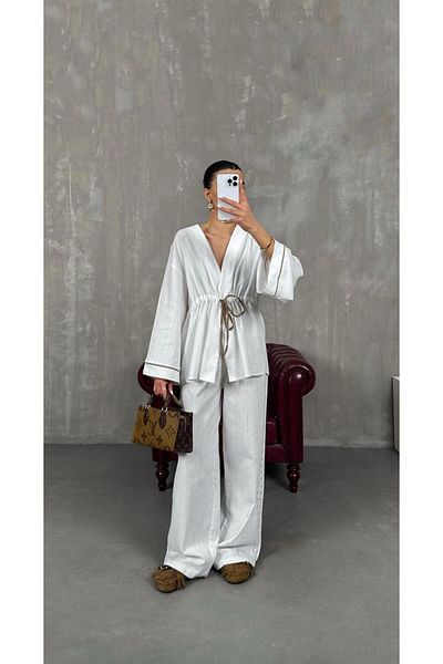 My Blog White 100% Cotton Sleeve Shirt Side Lace Detailed Trouser Suit - 7493 - 3749