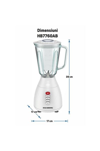Hausberg Mixér HB-7760AB, 300 W, 1,5 l, 3 rychlosti, pulzní funkce, drcení ledu, 4 odnímatelné nože, bílý