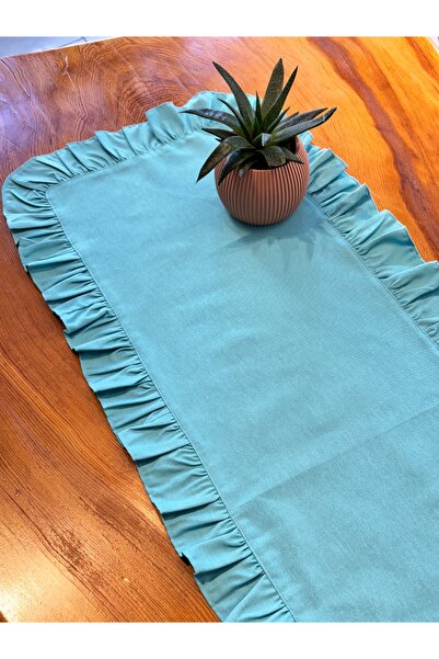Konyaaltı Çeyizevi Fırfırlı Keten Runner Masa Örtüsü 45 x 150 cm Turkuaz Mavisi