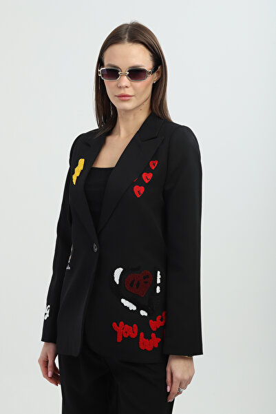 Milamia Nakışlı Siyah Blazer Ceket