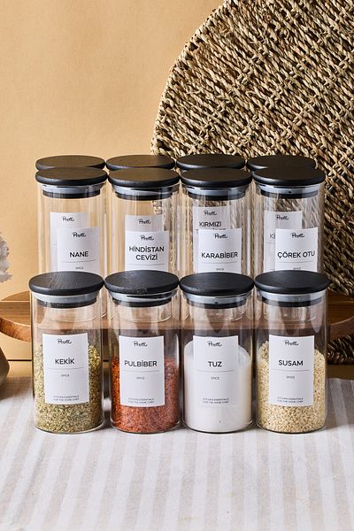 Perotti Riga 12 Li Black Wooden Lid Borosilicate Glass Spice Rack 300 ml 12X6 cm 30 Tags Gift