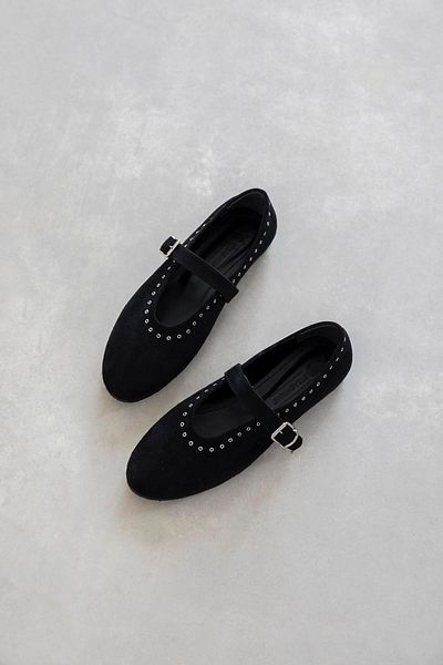 STRASWANS Women's Abner Drop Black Suede Ballerinas