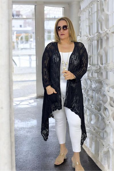 yagmurberen Asymmetric Cut Pocketed Shawl Collar Large Size Italian Mercerized Cardigan