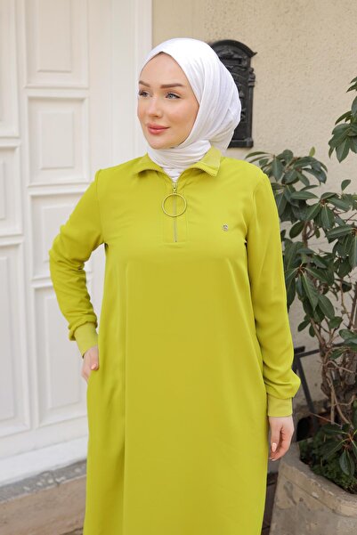 Armine TREND ARMİNE TREND Ribanalı Fermuarlı Krep Kumaşlı Tunik-Fıstık Yeşil 25YT460