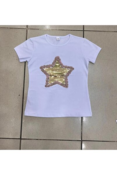 Nacar Kız Yıldızlı Pullu Tişört 23 Nisan Gösteri Kıyafeti