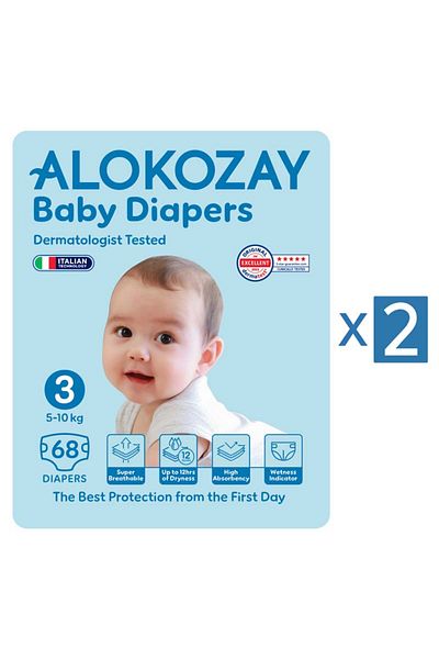 Alokozay Premium Baby Diapers - Size 3 (5-10 Kg) - 68 Diapers X Pack of 2