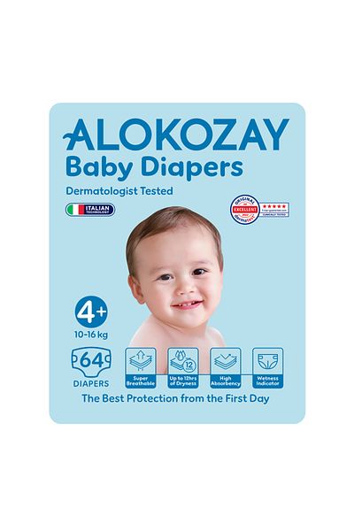 Alokozay Premium Baby Diapers - Size 4+ (10-16 Kg) - 64 Diapers