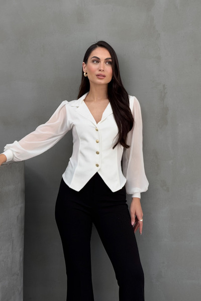 msm fashion Cămașă de damă, cu nasturi, cu mâneci lungi din tul, cu rever, cămașă cu talie