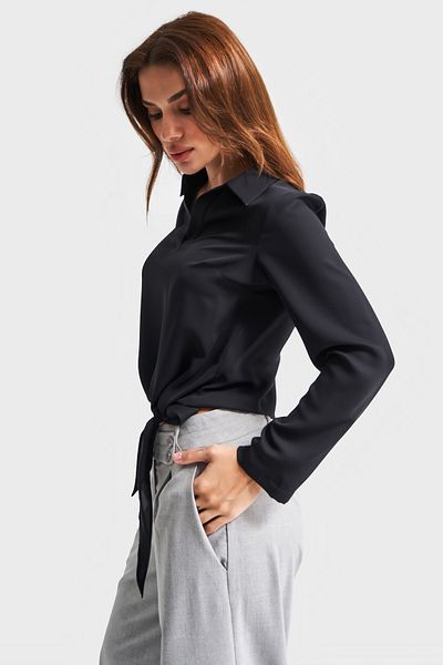 its basic Women's Black Color Side Lace-Up Silk Fabric Relaxed Cut Blouse