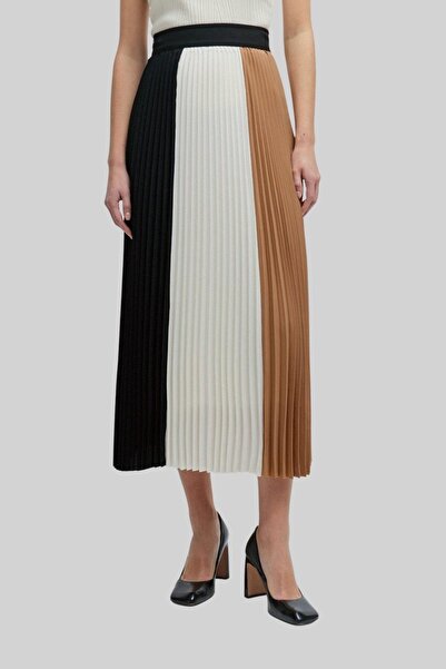 BOSS Kadın Imza Renklerinde Yüksek Bel Midi Plise Etek Beyaz