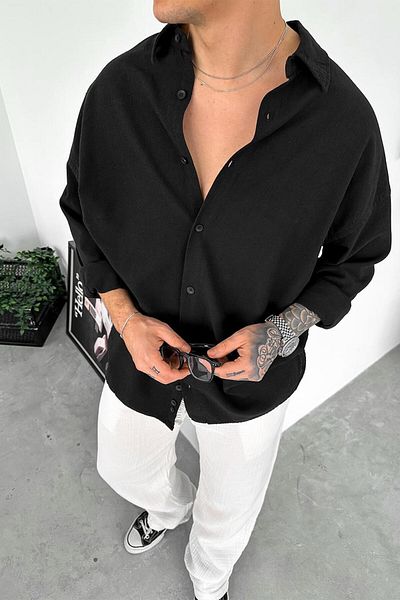 HAFKAGİYİM Μαύρο Old Money Basic Λινό Πουκάμισο Oversize