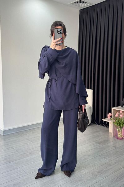ECEMİ Shawl Collar Navy Blue Blouse Trousers Set