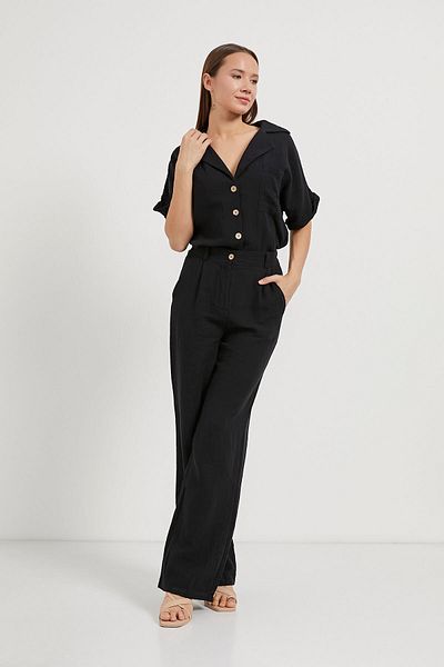 Arma Life Women's Waist Elastic Buttoned Muslin Black Loose Trousers