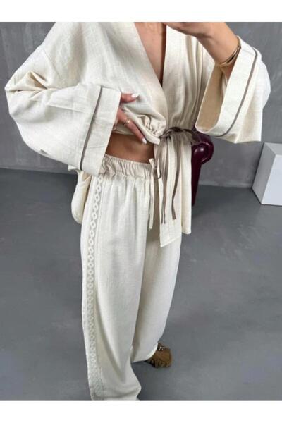 My Blog Natural 100% Cotton Sleeve Shirt Side Lace Detailed Trouser Suit - 7493 - 3749