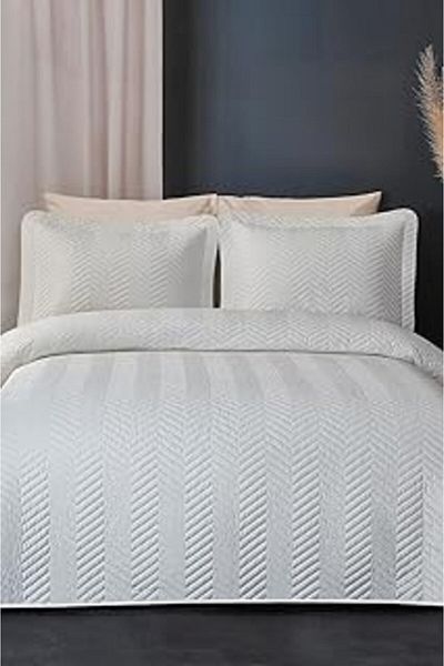 Mu Art Ahşap Ross 100% Cotton Bedspread (Pique) Set Double Quilted Striped Daily Washable White