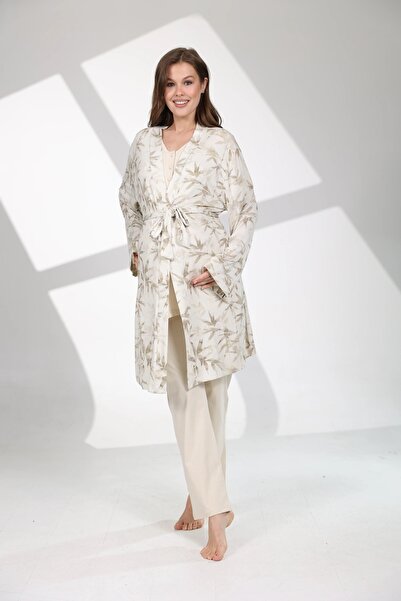 LOHOUSE Kadın Bej Rengi Olive Desenle Yumuşak Dokulu Lohusa Hamile 3'lü Pijama Takım Set