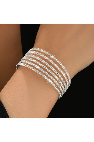Choice ASL70100 Multi Rows Full Rhinestone Open Bangle For Women Silver Color Sparkling Crystal Stone Eveni