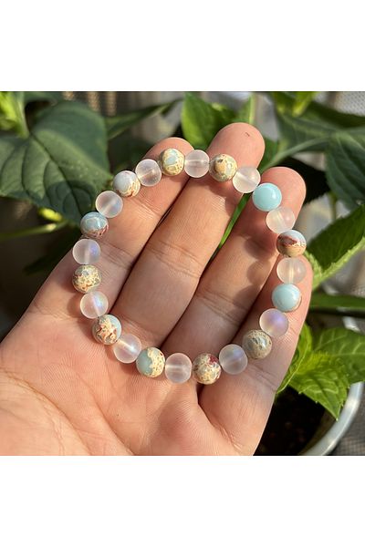 Choice 18cm 1pc/aura Quartz And Ocean Sediment Beaded Bracelet Abundance & Prosperity, Calm & Clarity Heali
