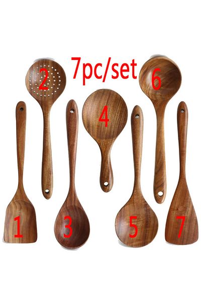 Choice 7PCZ 1-10 PC Wooden Cooking Spoons Smooth Teak Wooden Cooking Utensils Non-Stick Wooden Cooking Uten