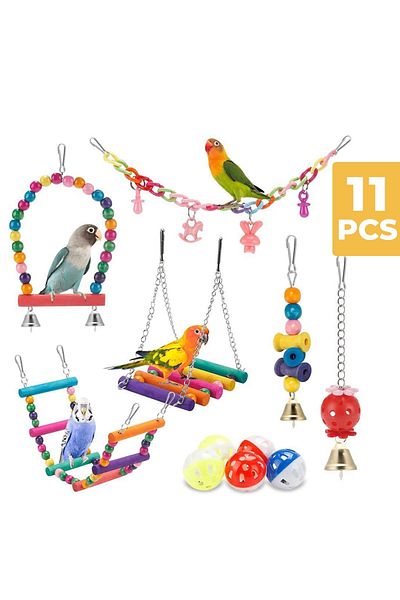 Choice 11pcs Bird Cage Toys For Parrots Wood Birds Swing Reliable Chewable Bite Bridge Wooden Beads Shap...