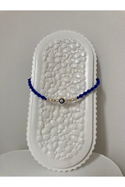 NurEra Design سوار مكرامية ملتوي باللون الأزرق الداكن مع خرز عين الشر