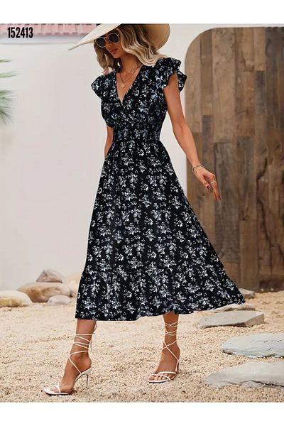 JANES Rochie de damă cu mânecă scurtă, cu guler dublu, cu talie elastică, cu imprimeu floral