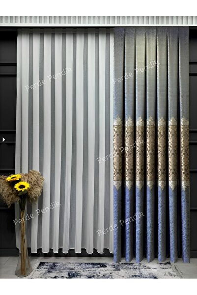 Perde Pendik Indigo Blue Luxury Floral Patterned Avant-Garde Curtain - TIGHT LAW BATTERY (SINGLE WING)