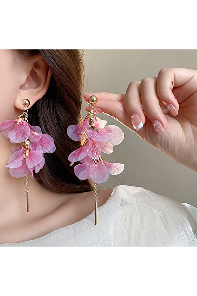 Choice Pink Pink Flowers Mesh Long Tassel Earrings For Women Temperament Crys...