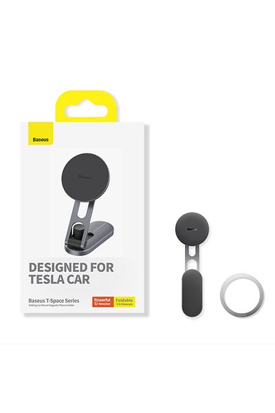 Baseus Silver Magnetic Car Phone Holder For Tesla Display App Foldable 360 Degree Rotation Metal Car